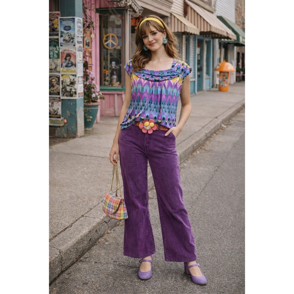 Retro Whimsy Art Silky Y2K 90s Purple Abstract Zigzag Stretch Cap‎ Sleeve 1X Top